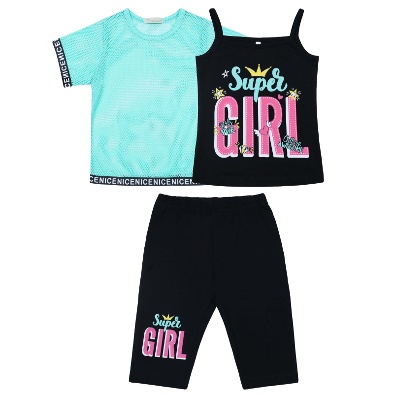 картинка ЧЗ Комплект для девочки (футболка, бриджи, майка) 3-7 лет 92% хлопок, 8% лайкра BONITO KIDS/BK1608KP(ЧЗ)/уп.5шт./меш.300шт. от BonitoKids